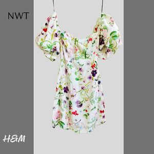 NWT H&M Floral Off the Shoulders Linen Blend Mini Dress, Sz S